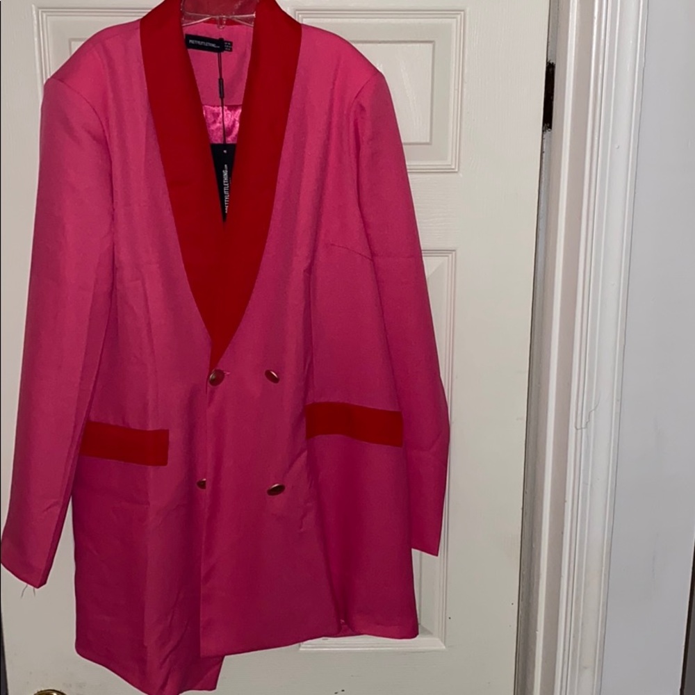 Hot Pink Gold Button Contrast Blazer Dress